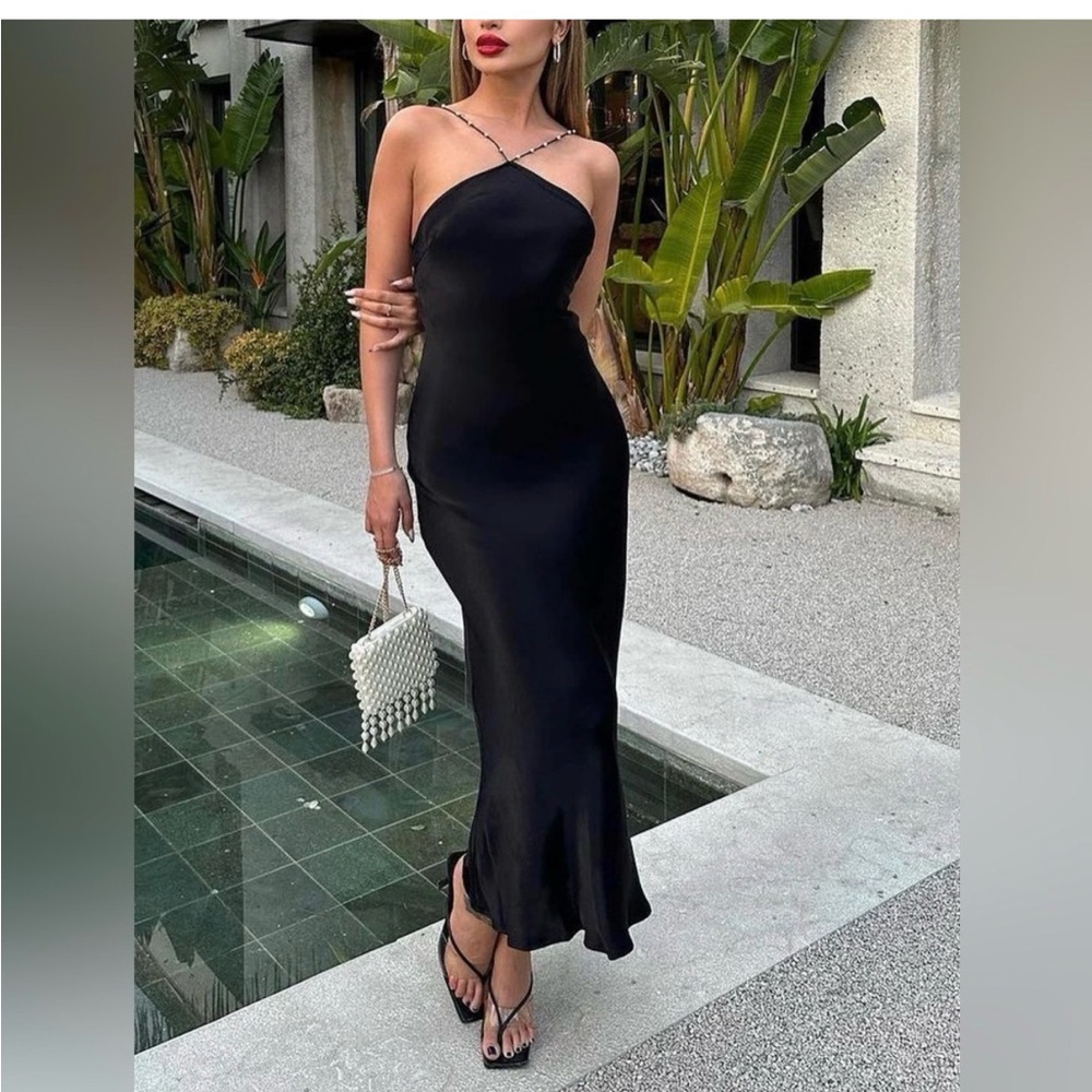 NWT Commense Black Satin and Pearl Dress